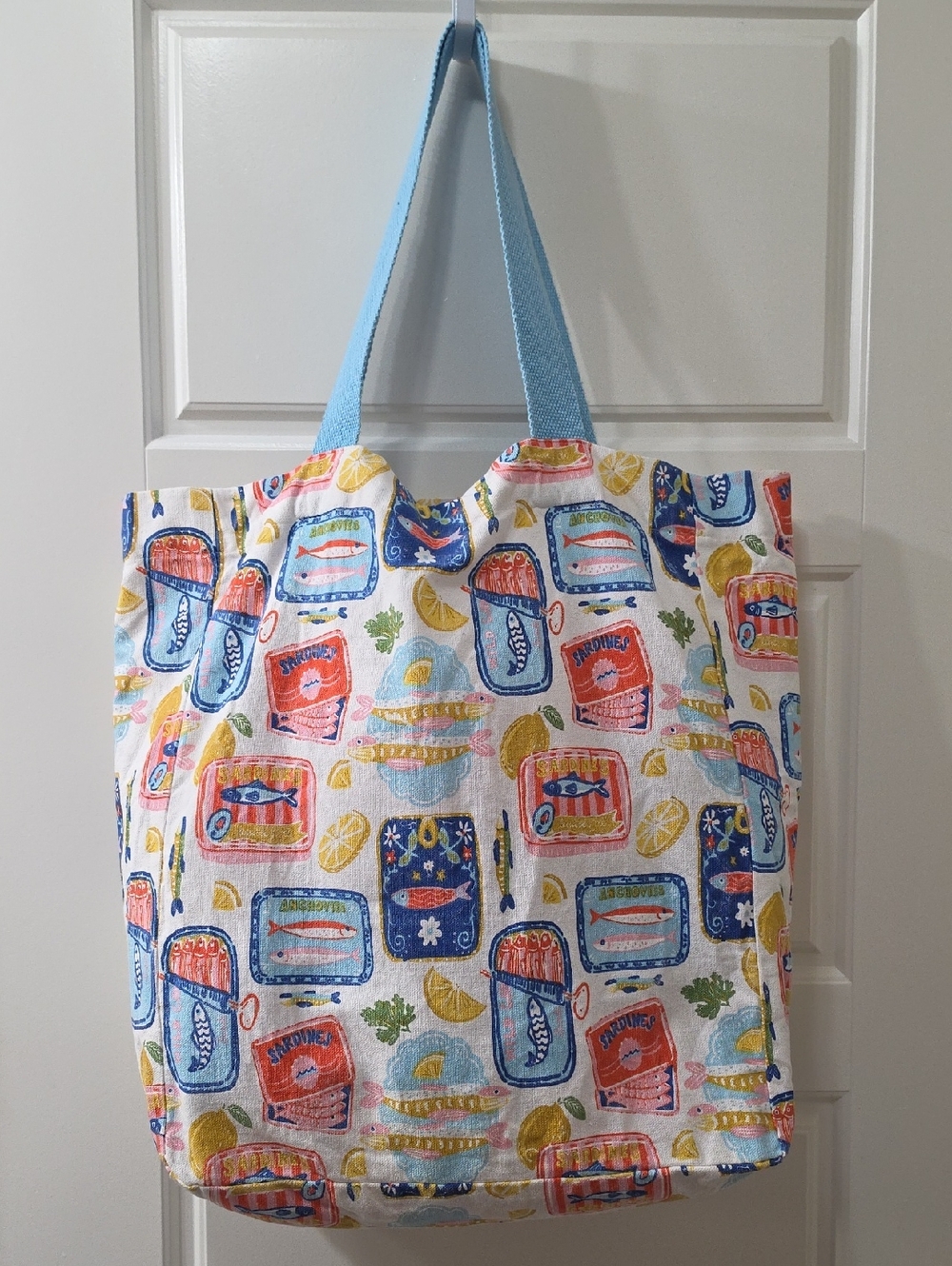Sardines Print Canvas Tote with Light Blue Straps